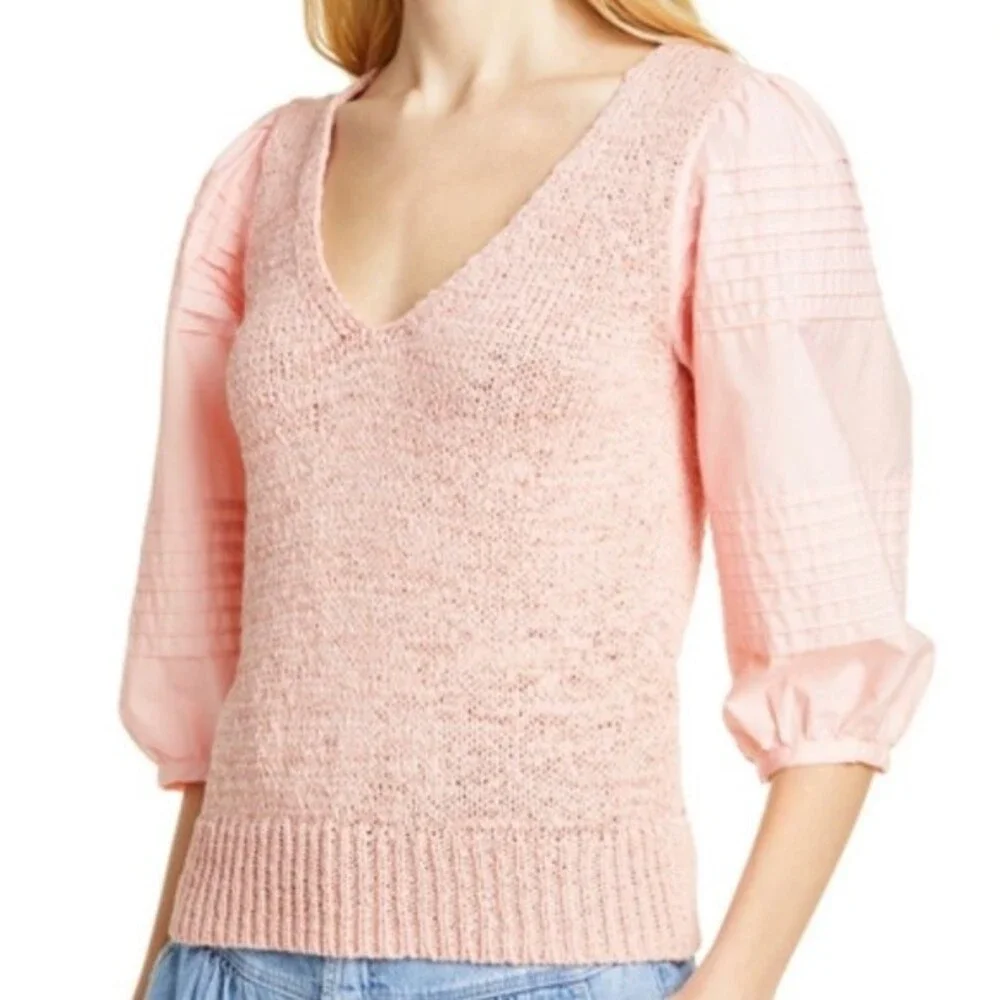la vie rebecca taylor poplin blouse babydoll top peach pink knit v-neck preppy - Picture 4 of 14